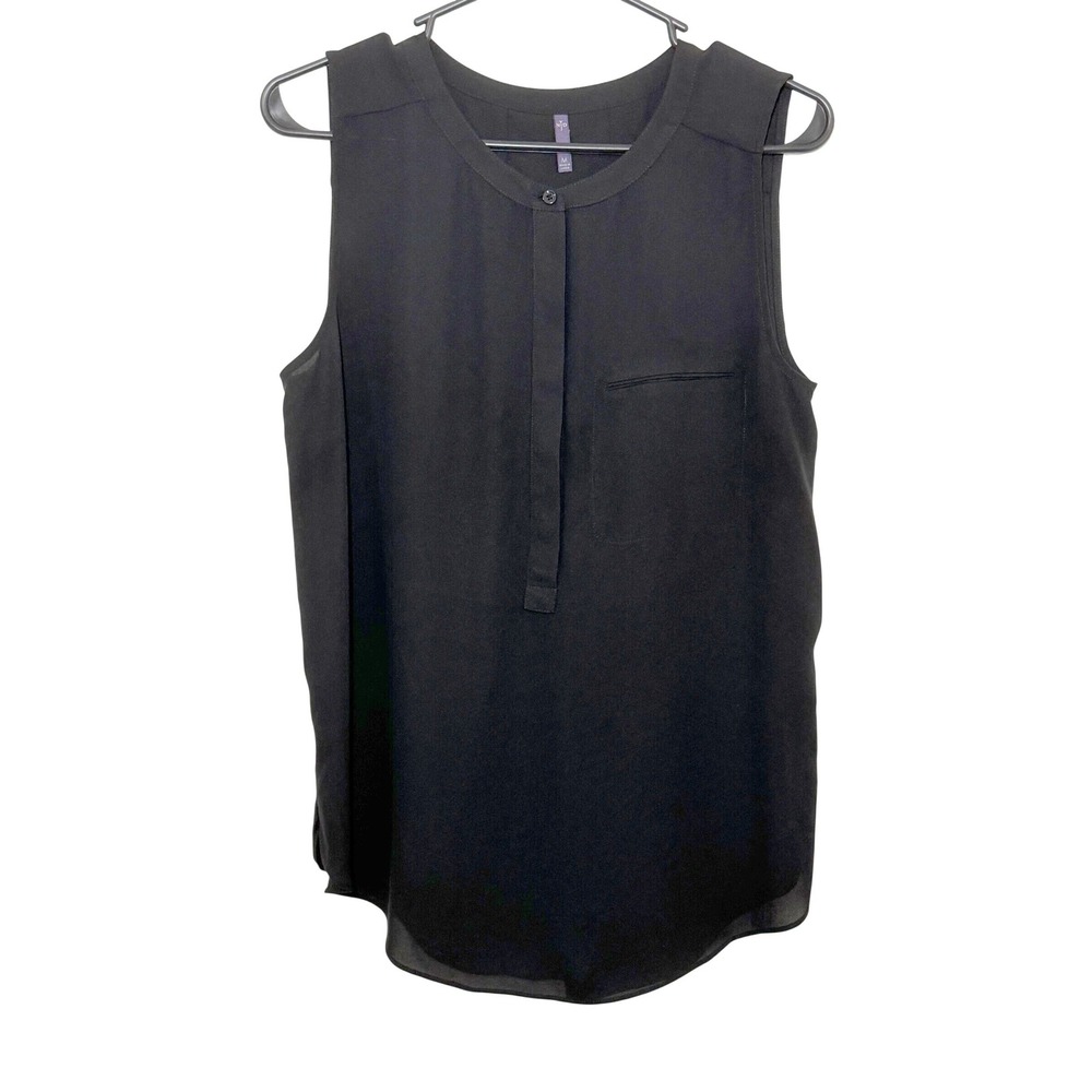NYDJ Womens Black Sleeveless Henley Pleated Back Blouse Size M Pocket Top - Picture 2 of 5